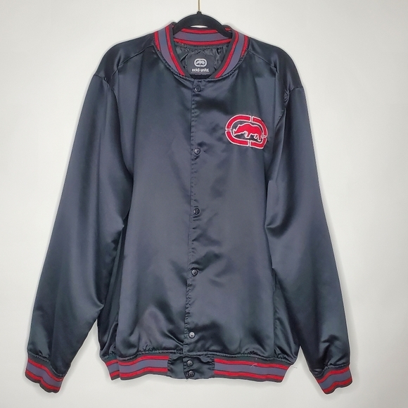 Ecko Unlimited Big Logo Bomber Jacket 2XL Rhino Spell Out Snap Front Y2K Satiny - Picture 14 of 14